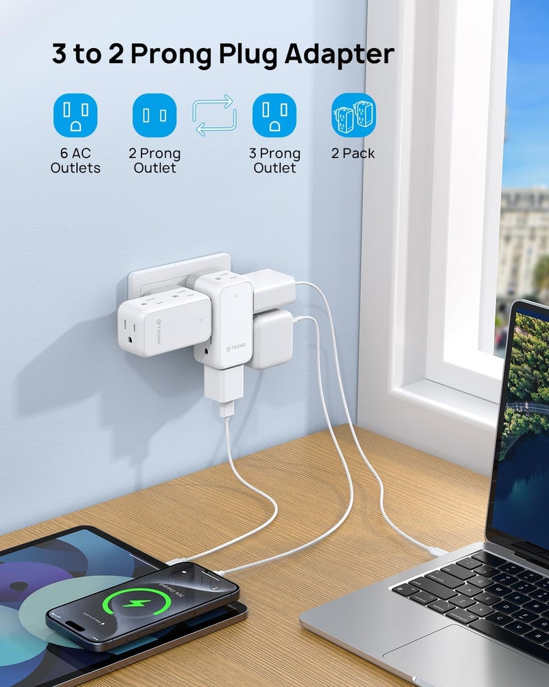TROND 2 Prong Outlet Extender 2 Pack, 3 Prong Adapter with 360 Rotating Plug, Wall Outlet Splitter with 6 AC Charger, Travel Power Adapter for US to Japan, Non-Grounded Plug Extender for Old House - Image 2